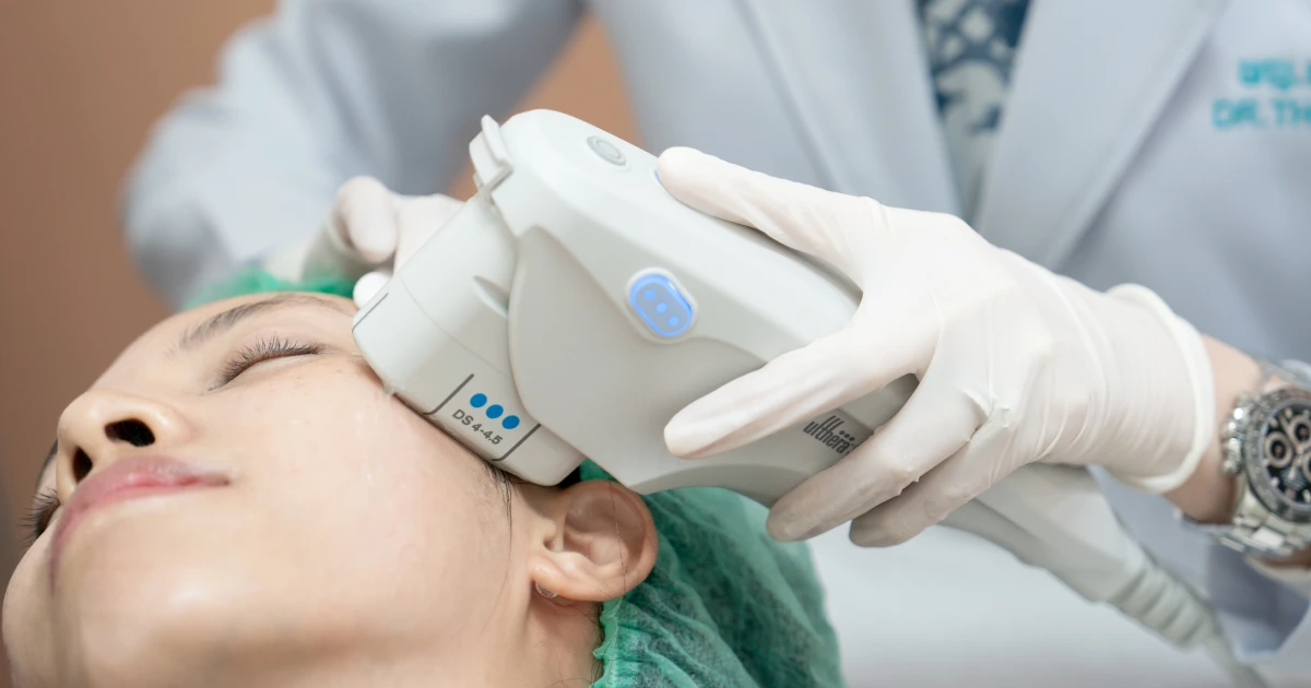 Patient receiving Ultherapy treatment in Fountain Valley, CA, for non-surgical skin lifting