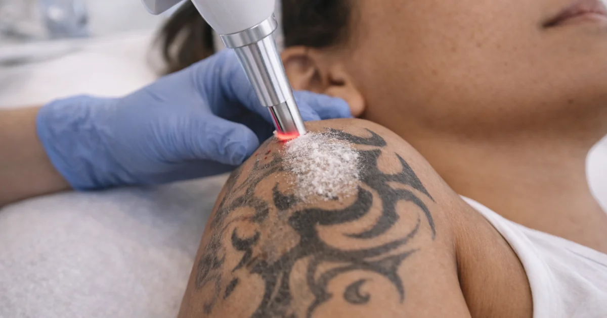 Laser tattoo removal treatment in progress at a professional med spa clinic.