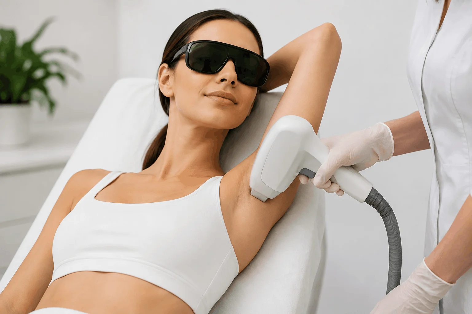 woman wearing protective goggles receives laser hair removal treatment in Fountain Valley, CA, as a medical spa provider uses a laser device to target unwanted underarm hair